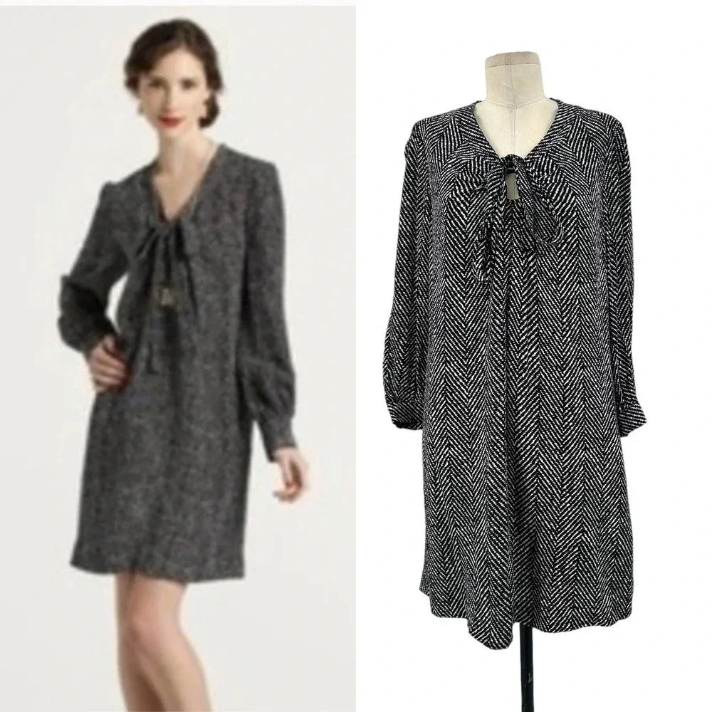 Kate Spade Reade Herringbone Tie Neck Shift Dress Black‎ Size Medium